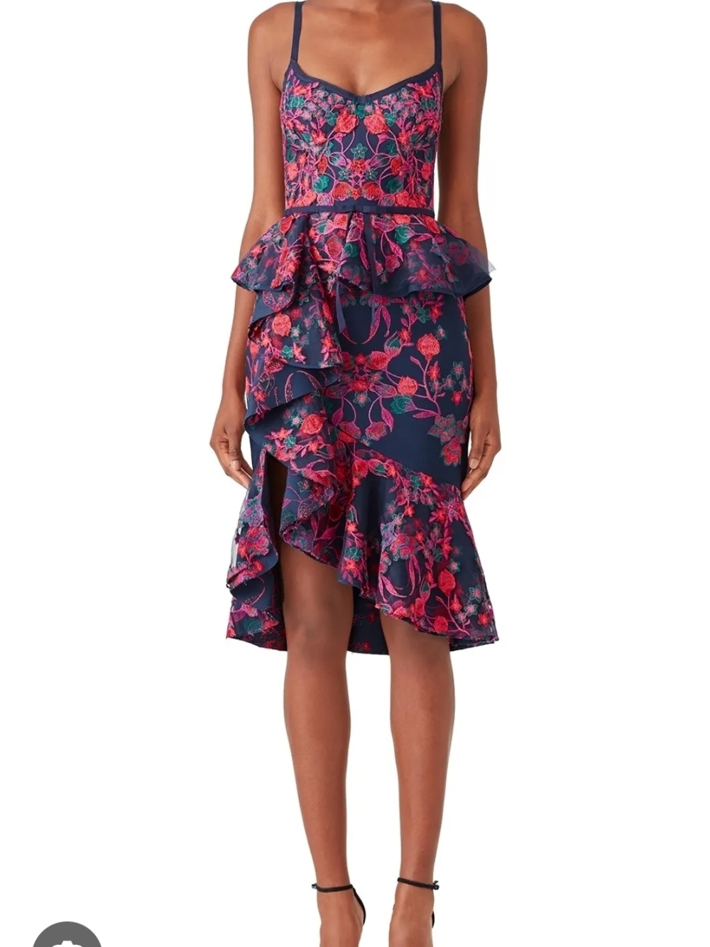 Marchesa Pink Embroidery On Navy Tiered Ruffle High-Low Hem Dress 14 (7805)